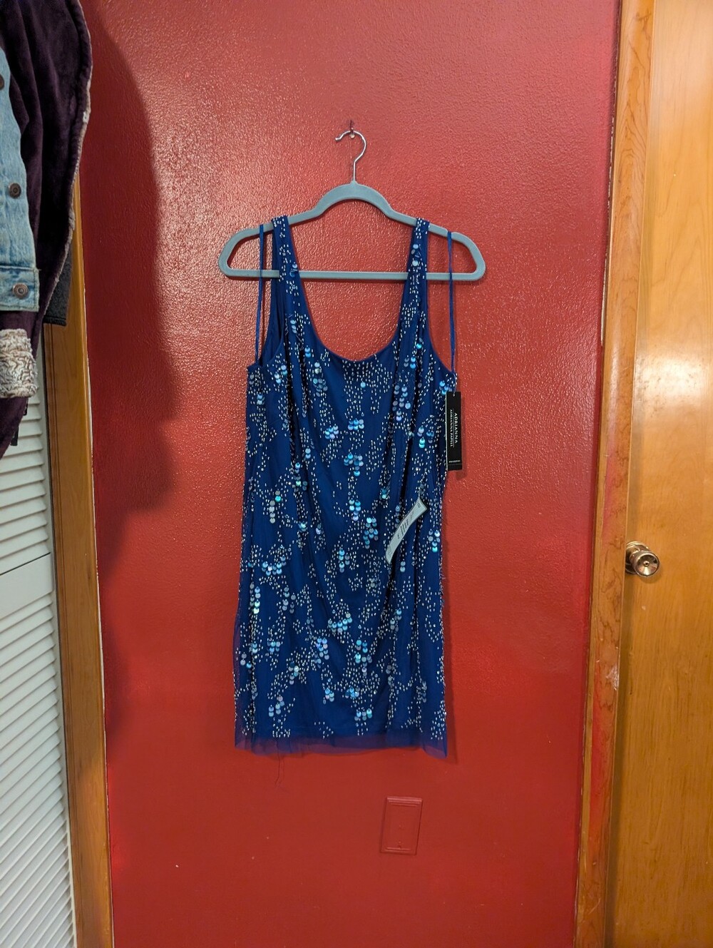 Adrianna Papell Royal Blue Sequined Evening Dress with Beading